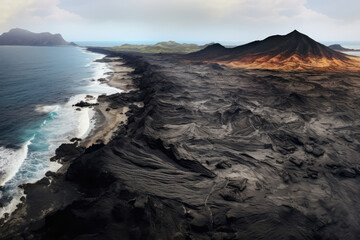 Fototapeta na wymiar Panorama Of Black Volcanic Beach, Viewed From Both Aerial And Top Perspectives, Creating Beautiful Natural Backdrop . Сoncept Black Volcanic Beach, Aerial View, Top Perspective, Natural Backdrop