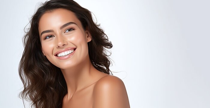 Portrait of young happy Brazilian woman, skin care beauty, skincare cosmetics, dental concept, isolated over white background.