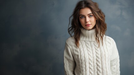 Fototapeta premium studio photo of a beautiful woman in a warm knitted sweater on a light background