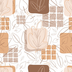 Seamless pattern with leaves and decorative elements in pastel shades of gray, pink, orange and brown colors.