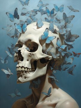 painting of a skull surrounded by flowers and butterflies, vanitas, hauntingly beautiful art, fantasy skull, with a crown of skulls