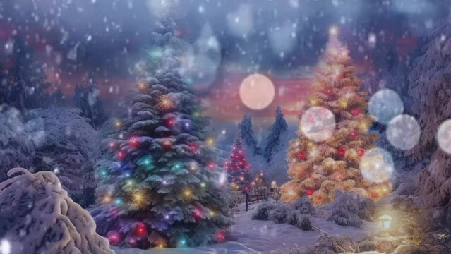 Colorful decorated christmas trees in winter landscape. seamless looping  time-lapse virtual video animation background. Generated AI