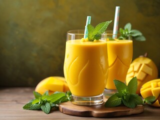 Fototapeta premium Fresh yellow mango smoothie in a glass with straw fresh fruits and mint summer tropical drink