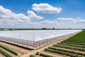 View Of Greenhouses In Row, Covered With White Film For The Cultivation Of Vegetables And Fruits On Plain Depicting Agriculture. Сoncept Greenhouse Farming, Vegetable Cultivation, Fruit Cultivation