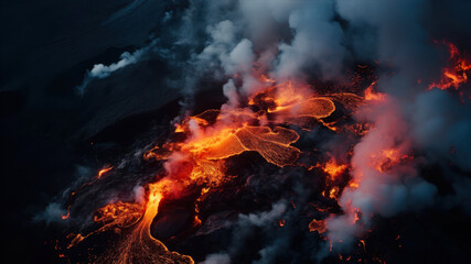 Fototapeta na wymiar volcano eruption with flames and ash on black background