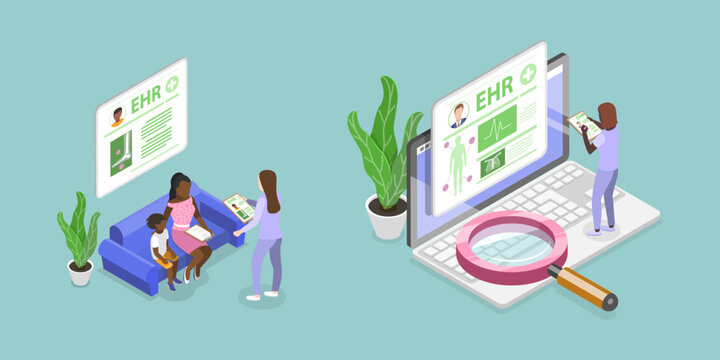 3D Isometric Flat Vector Conceptual Illustration of Electronic Health Record, EHR