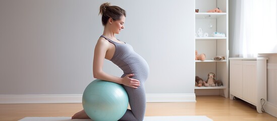 Young pregnant woman doing exercises with fitball - obrazy, fototapety, plakaty