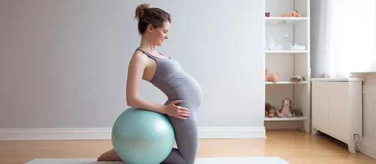 Poster Young pregnant woman doing exercises with fitball © maretaarining