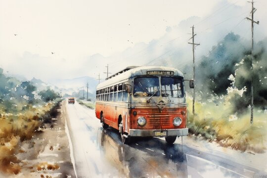 A watercolor painting of a bus driving on a road. Generative AI