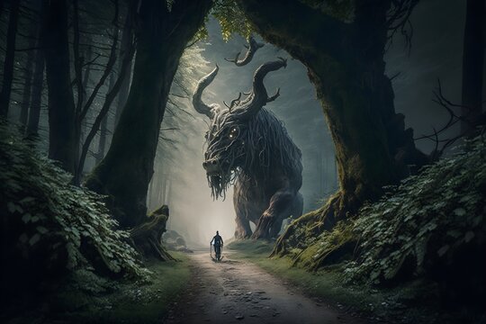 forest with mythical beast walking across trail cinematic insane detail ultra photo realistic gallery quality photo camera setup used by award winning landscape photographers with ideal settings for 