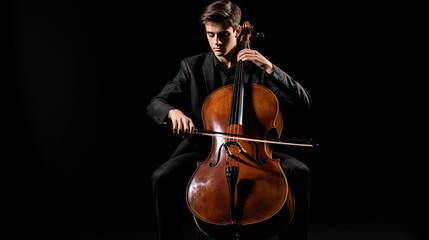 Man playing cello on black background - obrazy, fototapety, plakaty