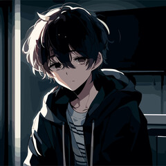 Anime young boy with sad face feeling down, dark tones, vector illustration