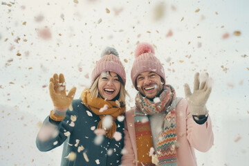 Portrait  of a smiling young couple in knitted hats in falling snow outdoor. Winter romance concept. 