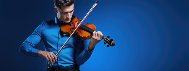 Young man playing violin on blue background