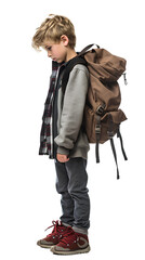 Sad standing Kid with backpack. Isolated on Transparent background.