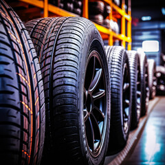 Automotive service center showcasing a stack of new winter tires for sale and installation