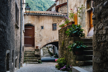Street, staircase and old medieval houses in the small village of Chatillon en Diois in the south of France (Drome)
