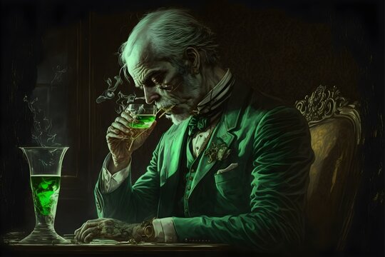 Sad Man Drinking Absinth And Smoking A Cigar 