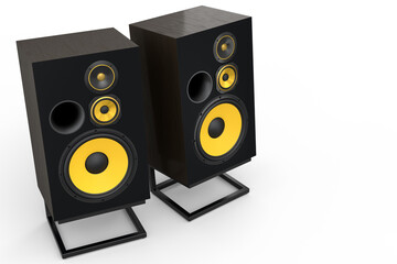 Hi-fi speakers with loudspeakers on stand on white background.