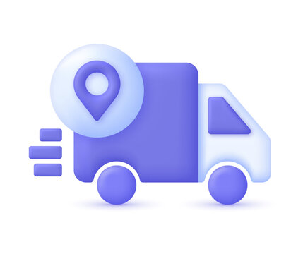 3D Delivery truck and location pin. Express delivery, shipping, truck icon, quick move. Tracking logistics concept.