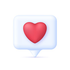 3D Social media notification love like heart icon. Message dialog button with red heart. Red speech bubble with heart.