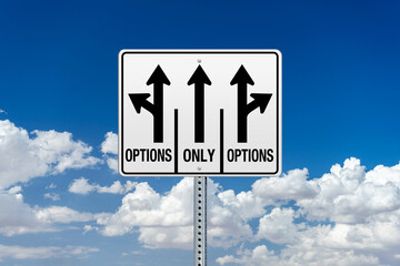 Decision theme road sign with arrows with blue sky with clouds background
