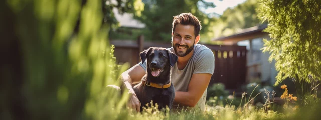 Poster Happy man and his dog outdoors in the summer © MP Studio