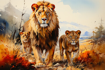 A Lion family in the wild drawn with watercolor - obrazy, fototapety, plakaty
