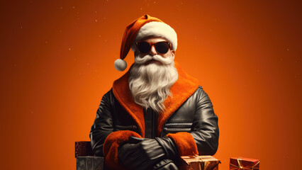 Biker santa claus with christmas gifts, in black jacket and sunglasses - obrazy, fototapety, plakaty