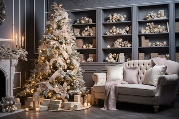 Festive living room with adorned Christmas tree. Close-up. Generative AI