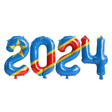 3d illustration of letter about new year 2024 with balloons on color Democratic Republic of the Congo flag