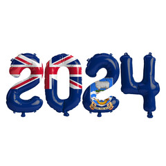 3d illustration of letter about new year 2024 with balloons on color Falkland Islands flag