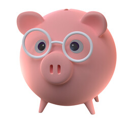 Cute piggy bank with glasses, isolated on transparent. Smart savings concept. 3D illustration.