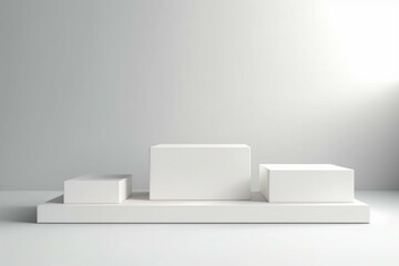 White square podiums in sunlight with shadow on white background. Podium product display platform elegant background of modern design. Generative AI