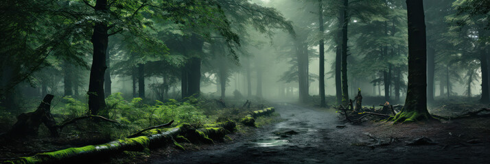 Mystical mysterious fog in the forest at sunset, banner