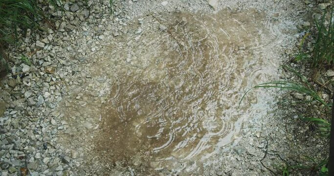Rain water drops falling into puddle in mountains. Heavy pouring rain in wet season. Raindrops onto submerged hiking path.