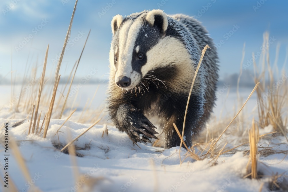 Poster a badger walking through a snow-covered field. this picture can be used to depict winter wildlife or