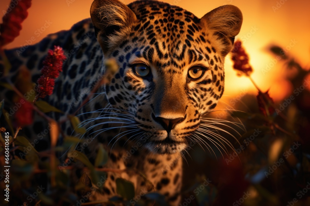 Poster a close-up photograph of a leopard in a field of colorful flowers. this image captures the beauty of
