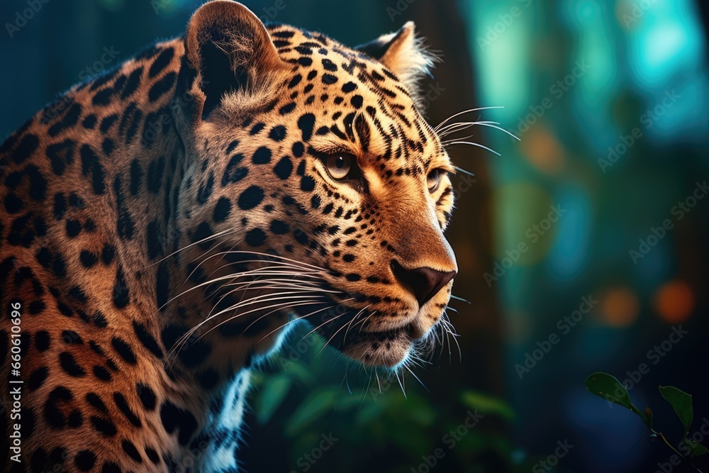 Poster A close up view of a leopard's face with a blurry background. This image captures the intricate details and expression of the leopard, making it ideal for wildlife enthusiasts or animal-related projec