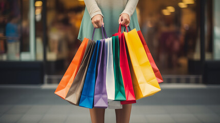Gros plan sur les mains d'une femme avec plein de sacs pour des cadeaux pendant son shopping. - obrazy, fototapety, plakaty