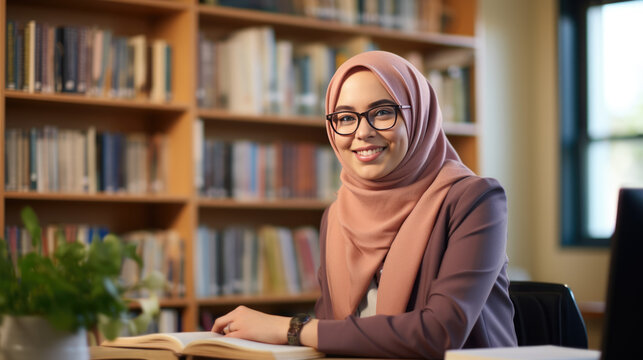 Muslim girl student smiling in the background of the university library