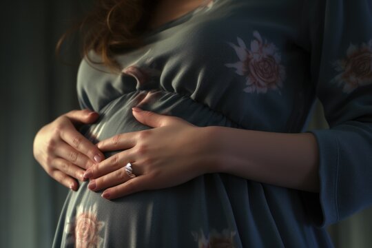 A close up view of a pregnant woman's belly. This image can be used to depict pregnancy, motherhood, maternity, or healthcare-related themes.