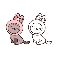 Cute kawaii cat wearing a hat with bunny ears