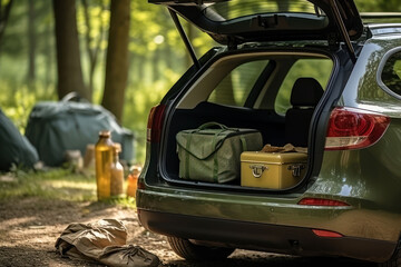 Open trunk of a car with suitcases and belongings, moving to another accommodation, moving out of a student's home or traveling concept