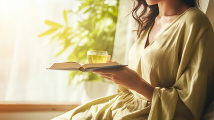 A determined healthy woman vegan sipping herbal tea and reading a book, blurred background, with copy space