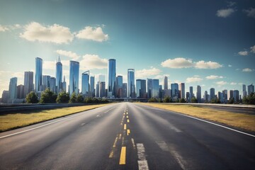 Fototapeta premium empty asphalt road with city skyline. ai generative