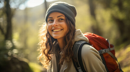 A vibrant healthy woman vegan hiking in the great outdoors, blurred background, with copy space
