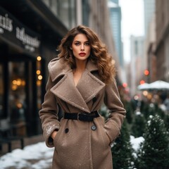 Fototapeta premium photo of a beautiful supermodel, in stylish winter clothes against the backdrop of skyscrapers. Fashion and style concept.