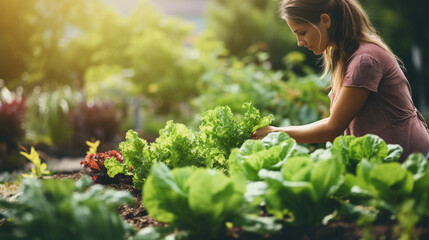 A dedicated healthy woman vegan tending to her lush vegetable garden, blurred background, with copy space