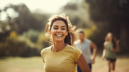 A joyful and energetic healthy woman vegan participating in a charity run, blurred background, with copy space